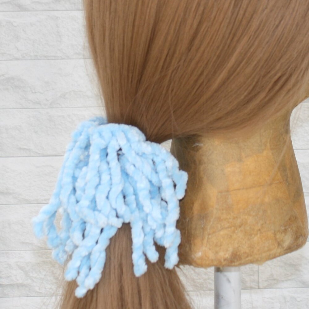 HAND CRAFTED Hair Scrunchie Crochet Chenille Velvet Spring Oversized Pastel Blue